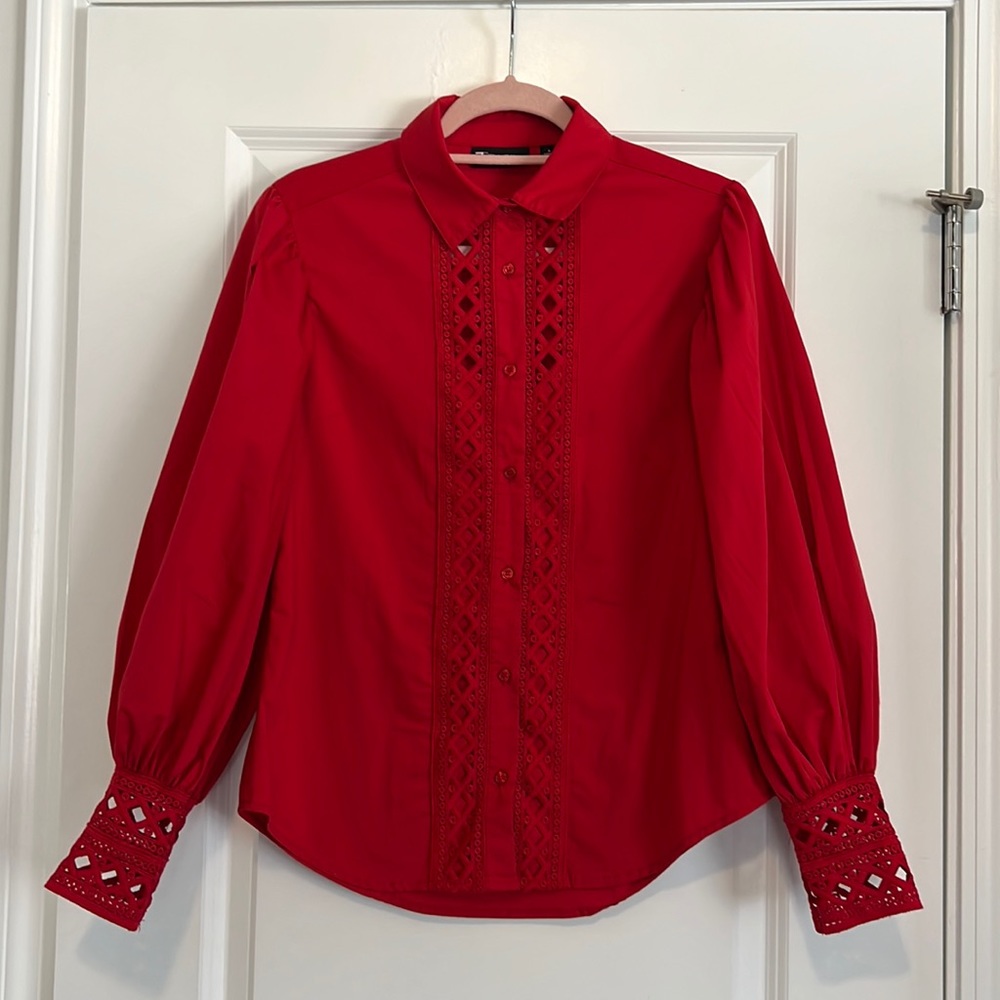 New York & Company red puff sleeve elegant blouse. Size: S